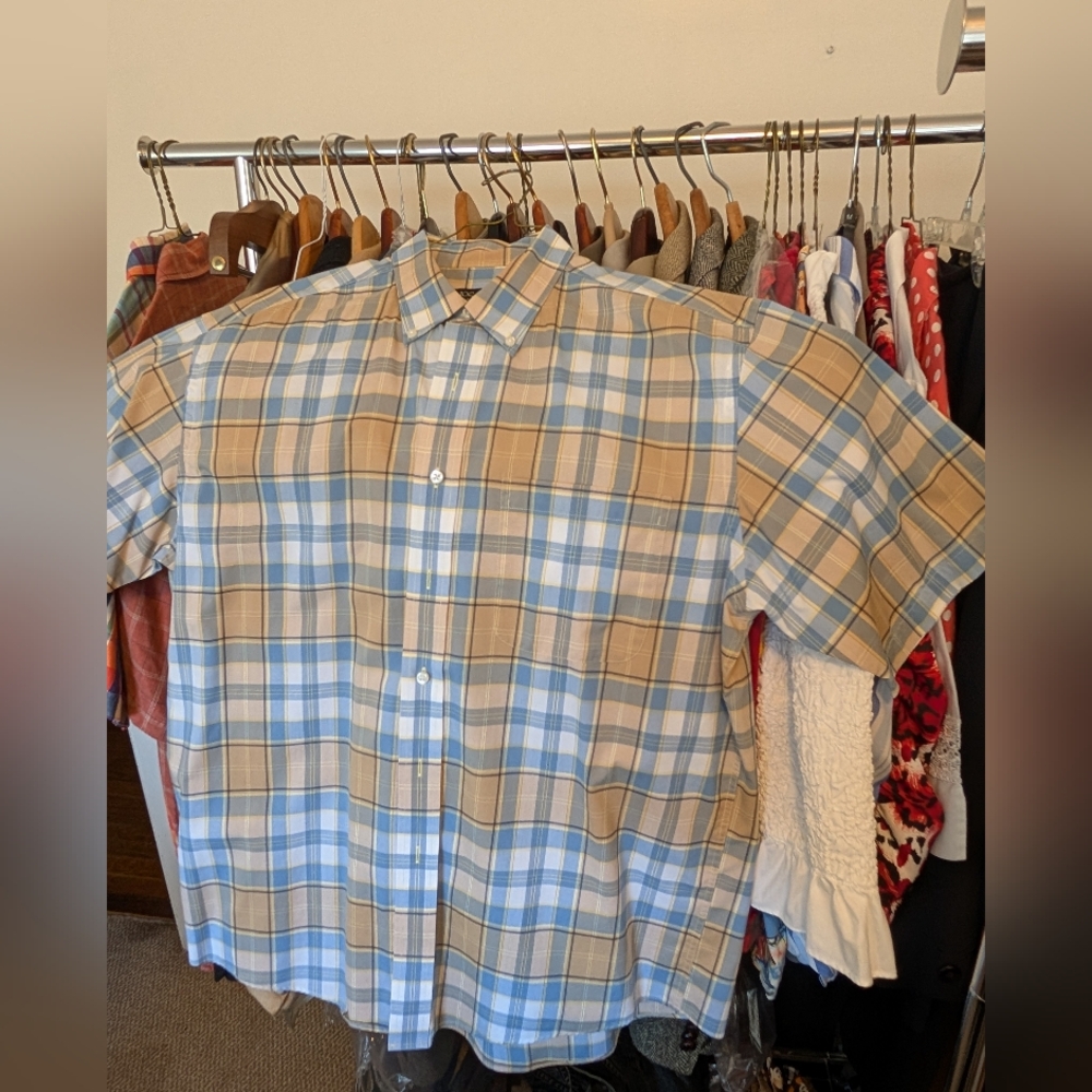 Jos A. Bank Men's Blue and Tan Plaid Shirt Sz L 100% Cotton